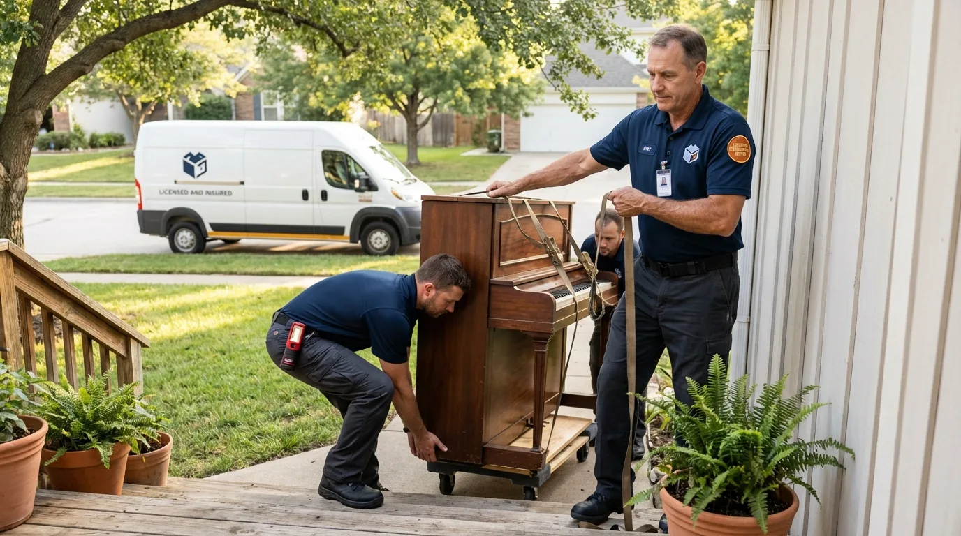 Licensed piano movers securing grand piano in Steuben, ME