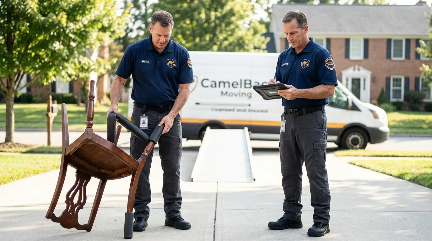 Movers inspecting furniture for damage prevention before loading in Steuben, ME