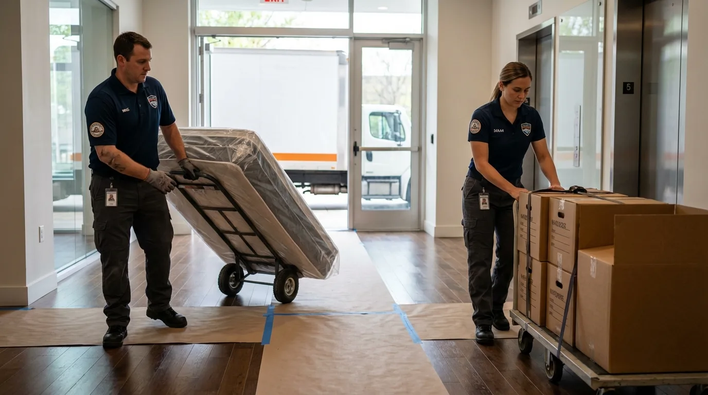 Professional apartment movers loading elevator in Steuben, ME